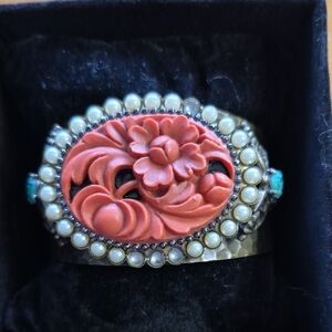 Vintage Ollipop Hammered Brass Faux Coral & Jade Cuff Bracelet. Missing 4 Pearls